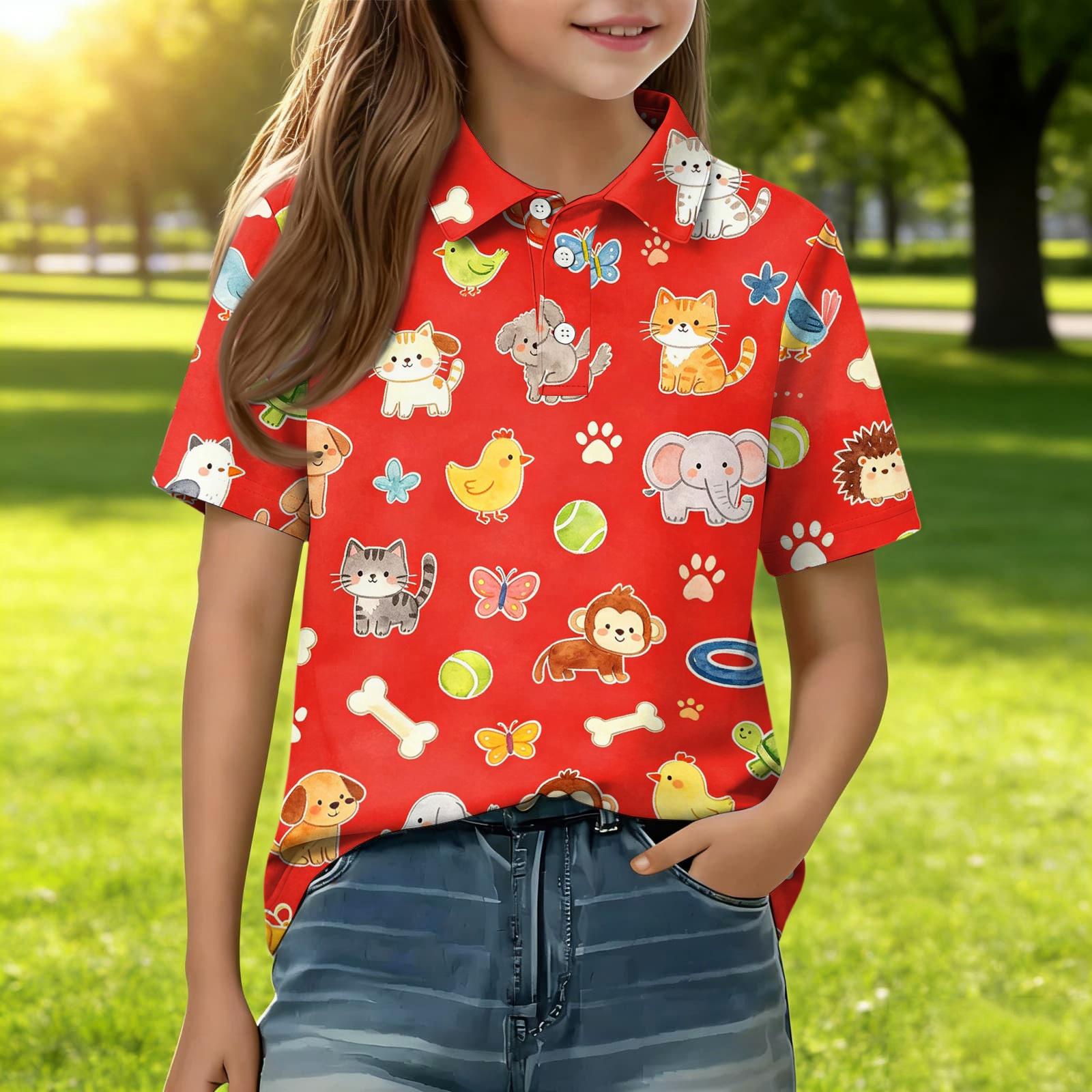 

Kids Casual Short Sleeve Polo Shirt Animal Pattern Cartoon Print Lightweight Comfortable Soft Fabric Breathable Summer Top for Boys Girls 120