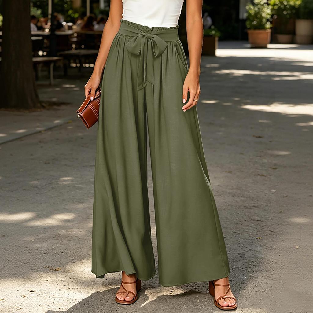 High Waist Wide Leg Palazzo Pants for Women with Belted Tie Elastic Waist Loose Fit Trousers for Casual or Office Wear