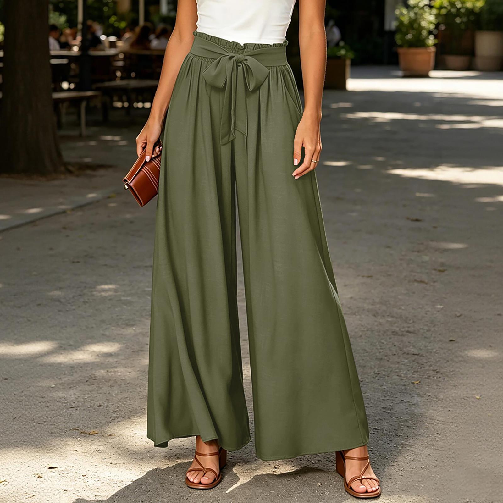 

High Waist Wide Leg Pants for Women with Paperbag Waistband and Self Tie Belt Casual Loose Fit Trousers for Daily Wear S