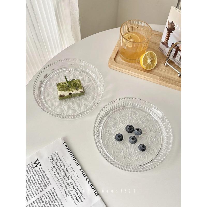 Ins Wind Sunflower French Vintage Relief Glass Fruit Plate Home Premium Cake Plate Tableware Dessert Afternoon Tea Dim Sum Plate