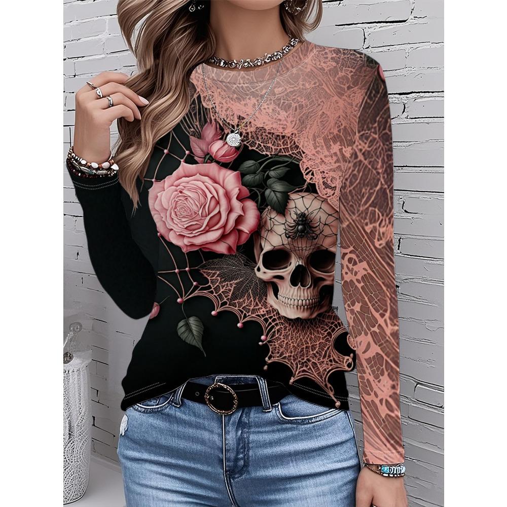Halloween Skull Pistil  Graphic Print T-Shirt, Long Sleeve Crew Neck Casual Top, Spring Autumn, Women's Clothing