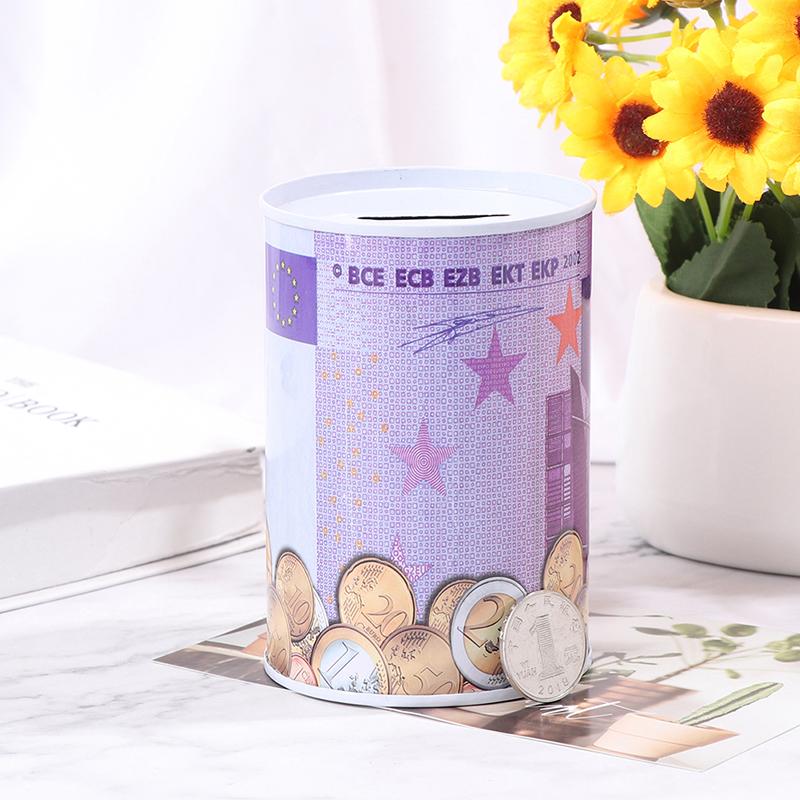 Tinplate Cylinder Piggy Bank Euro Dollar Picture Box Household Saving Money Box