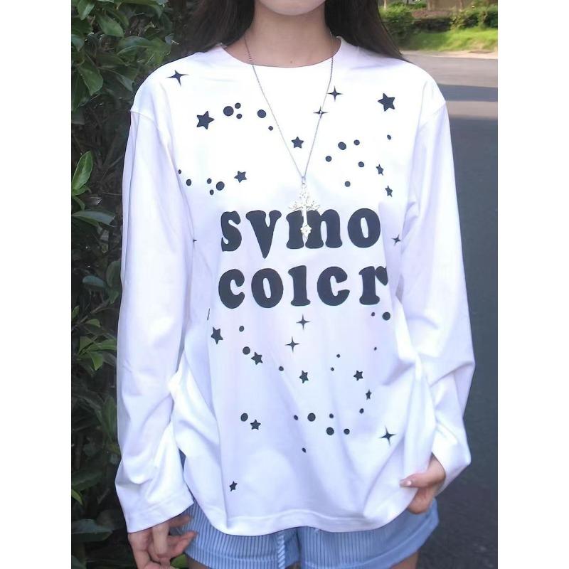 

Dot Letter Women s T-shirt White Long Sleeved Round Neck Ladies Tees Autumn American Loose Woman Casual Top 2XL белый