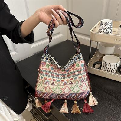 Ethnic Style Woven Fabric Fringed Plaid Bag Women's New Trendy Shoulder Messenger Bag Bohemian Casual Women's Bag