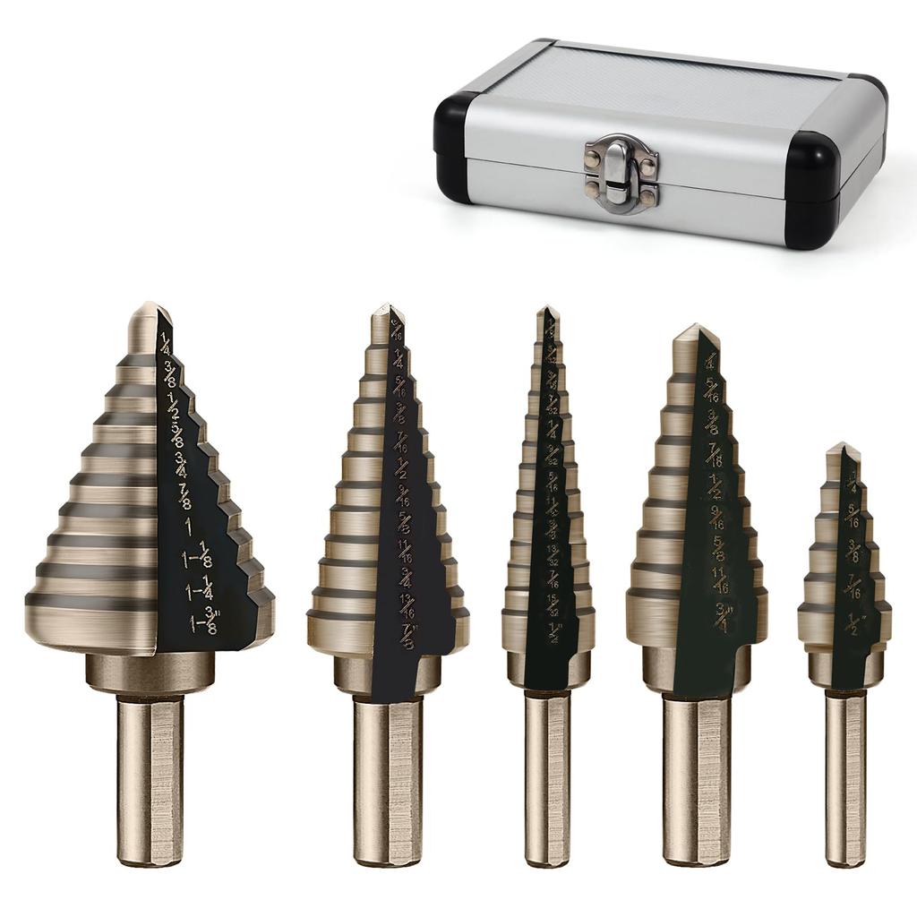 Step Drill Bits 5PCS HSS Titanium Step Drill Bit Set Covering 50 Sizes High Speed Steel Step Bits for Metal DIY Lovers