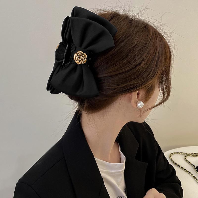 Large Distressed Black Flower Bow Claw Clip - High-End French Hair Accessory for Women