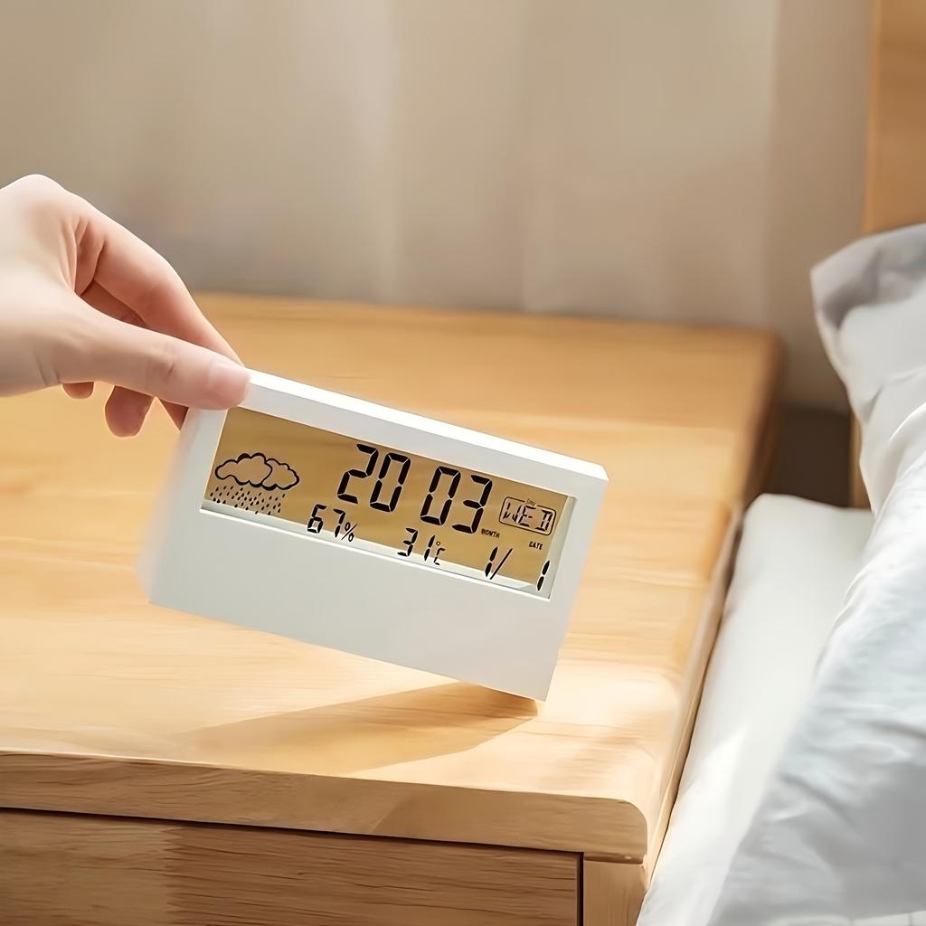 Silent LED Digital Clock with Weather, Temperature & Humidity Display - Battery-Powered Desk Alarm Clock for Home or Office