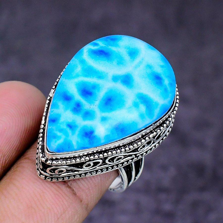 Natural Larimar Gemstone Handmade 925 Sterling Silver Jewelry Ring Size 7.5 ETC-14795