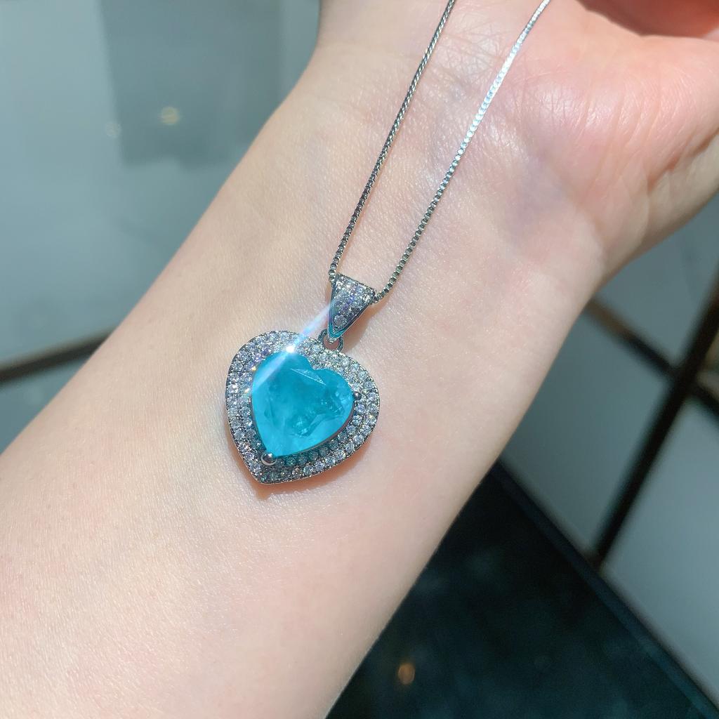 Bijoux Simulation Paraiba, Ensemble Bleu Paraiba en Forme de Cœur Boucles d'Oreilles Puces Pierre Principale 9 * 9 Pendentif 12 * 12