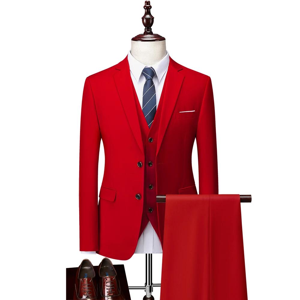 ( Jacket + Vest + Pants ) Boutique Pure Color Mens Business Formal Suit 3Piece Set