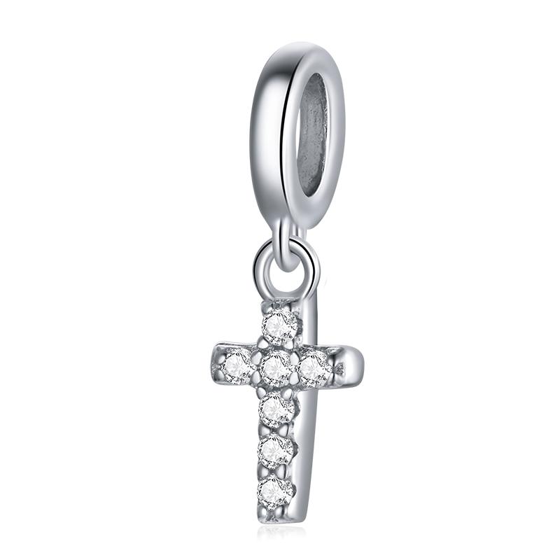 BAMOER 925 Silver Clear 5A Crystal Collection Family Heart Cross Charm Beads fit for Charm Bracelet & Necklace Pendant
