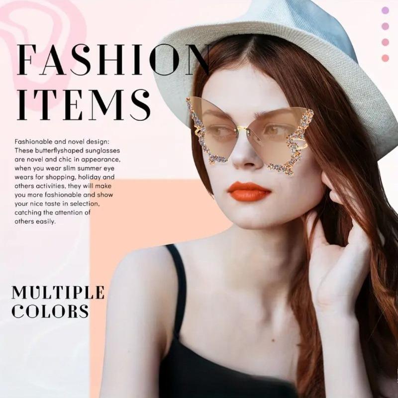 2026 New Luxury Diamond Butterfly Sunglasses for Women Oversized Rimless Retro Personality Eyewear for Party Dance & Performance