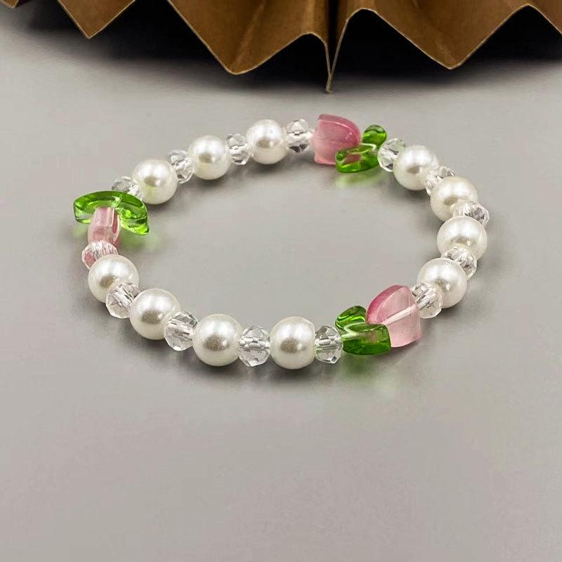 Japan Korea Sweet Tulip Bracelet for Women Elegant Candy Color Beaded Elastic Rope Flower Bracelets Girls Party Jewelry Gift