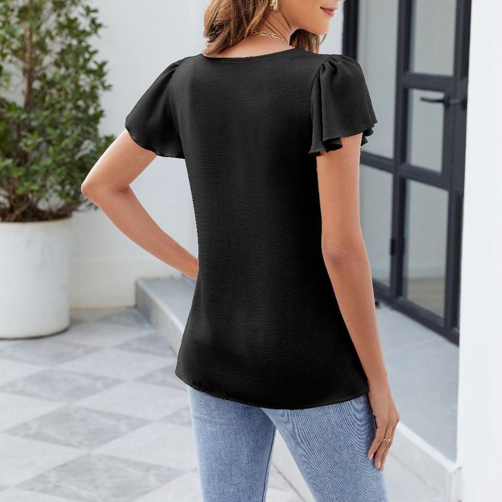Spring And Summer New Solid Color Short-sleeved T-shirt Fashion Casual Square Collar Tops For Women