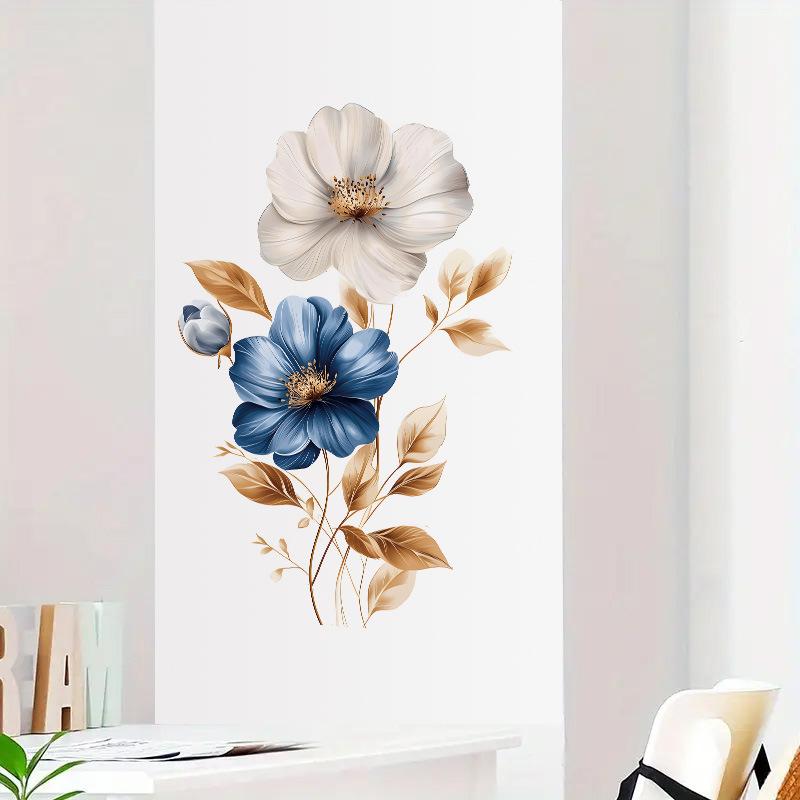 Simulated Blue White Floral Gold Leaves Wall Sticker Self-Adhesive Removable for Bedroom Hallway Elegant Home Decor Art