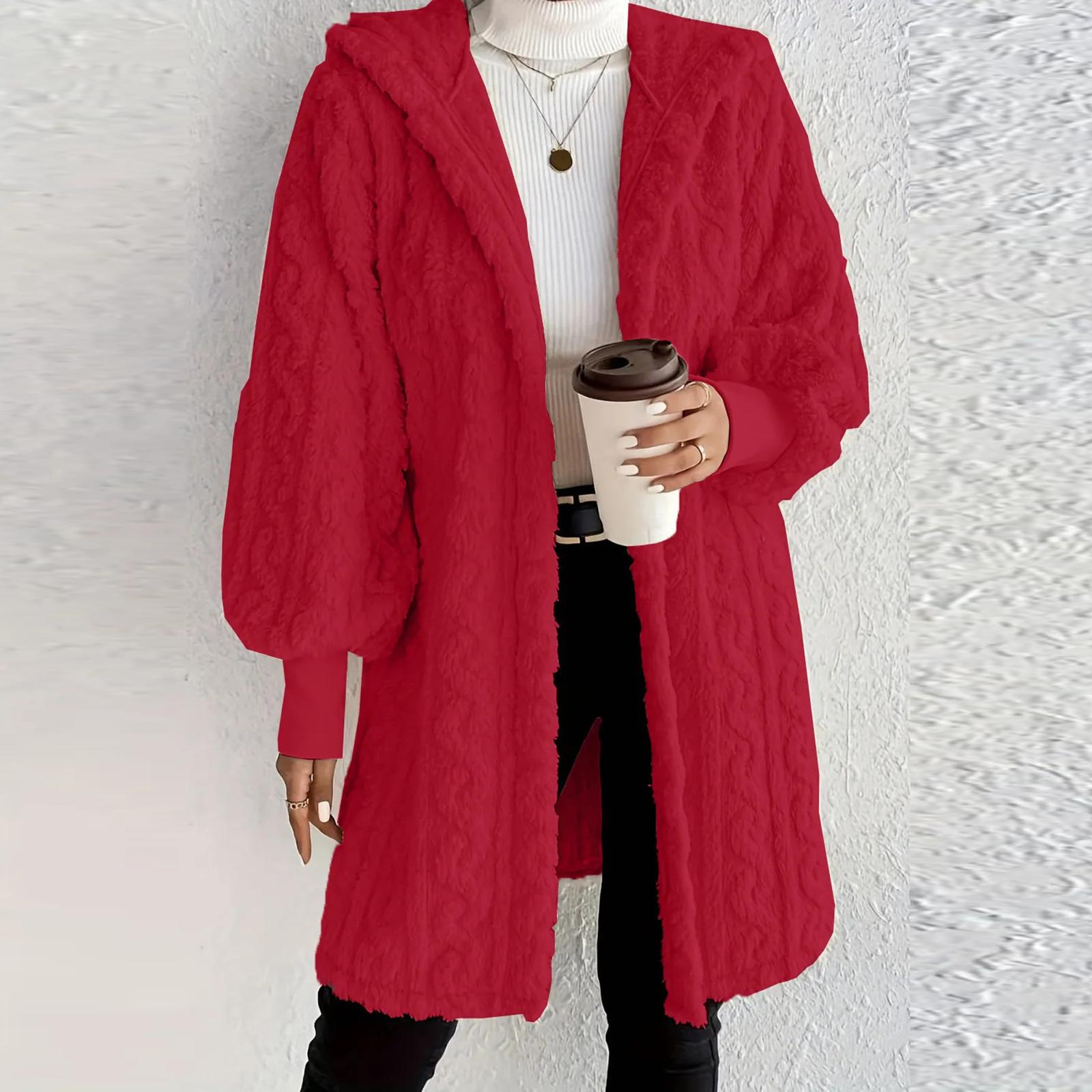 Dámska módna jednofarebná flísová bunda s dlhým rukávom a kapucňou, voľný strih XXL červená