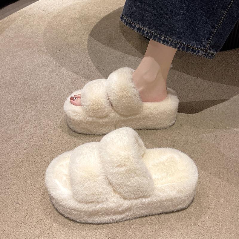 2025 Spring and Autumn New Small Muffin Thick Bottom Heightening Plush Fluffy Cotton Slippers Women Wear Home Fluffy Shoes