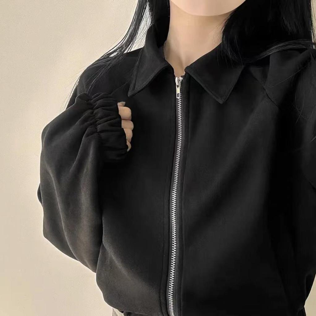 Korean Chic Autumn Retro Faux Suede Stand-Up Collar Zip-Up Jacket for Women