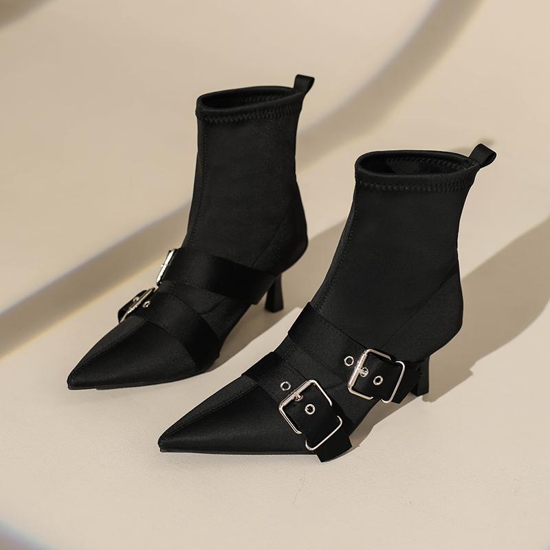 Pointed Toe Metal Buckle Strap Short Boots for Female Women Thin High Heel 2025 New Fabric Elegant Sexy Winter Shoes