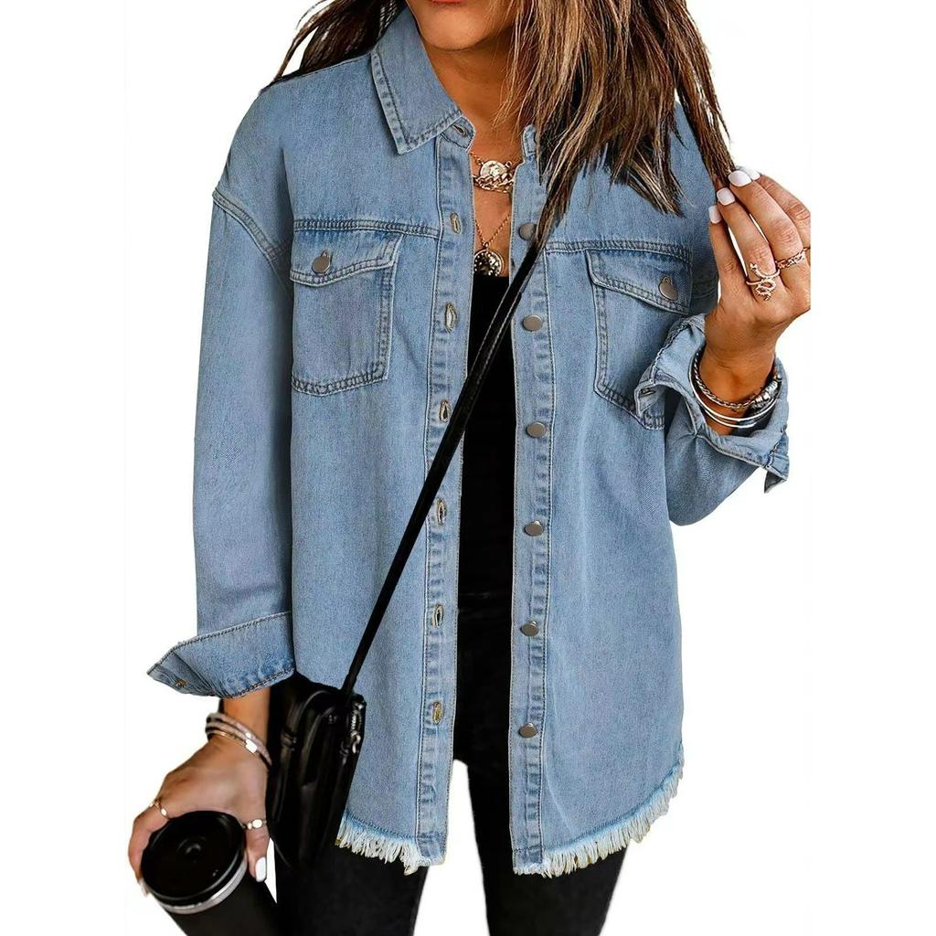 Washed Denim Shirt Jacket Women Autumn and Winter Personality Street Style Edging Hem Jacket Women