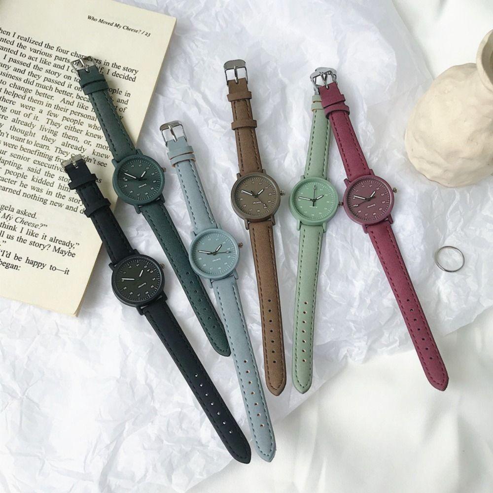 Solid Colo Girls Leather Wrist Watch Round Dial Women's Quartz Watch Clock Fashion   Lady