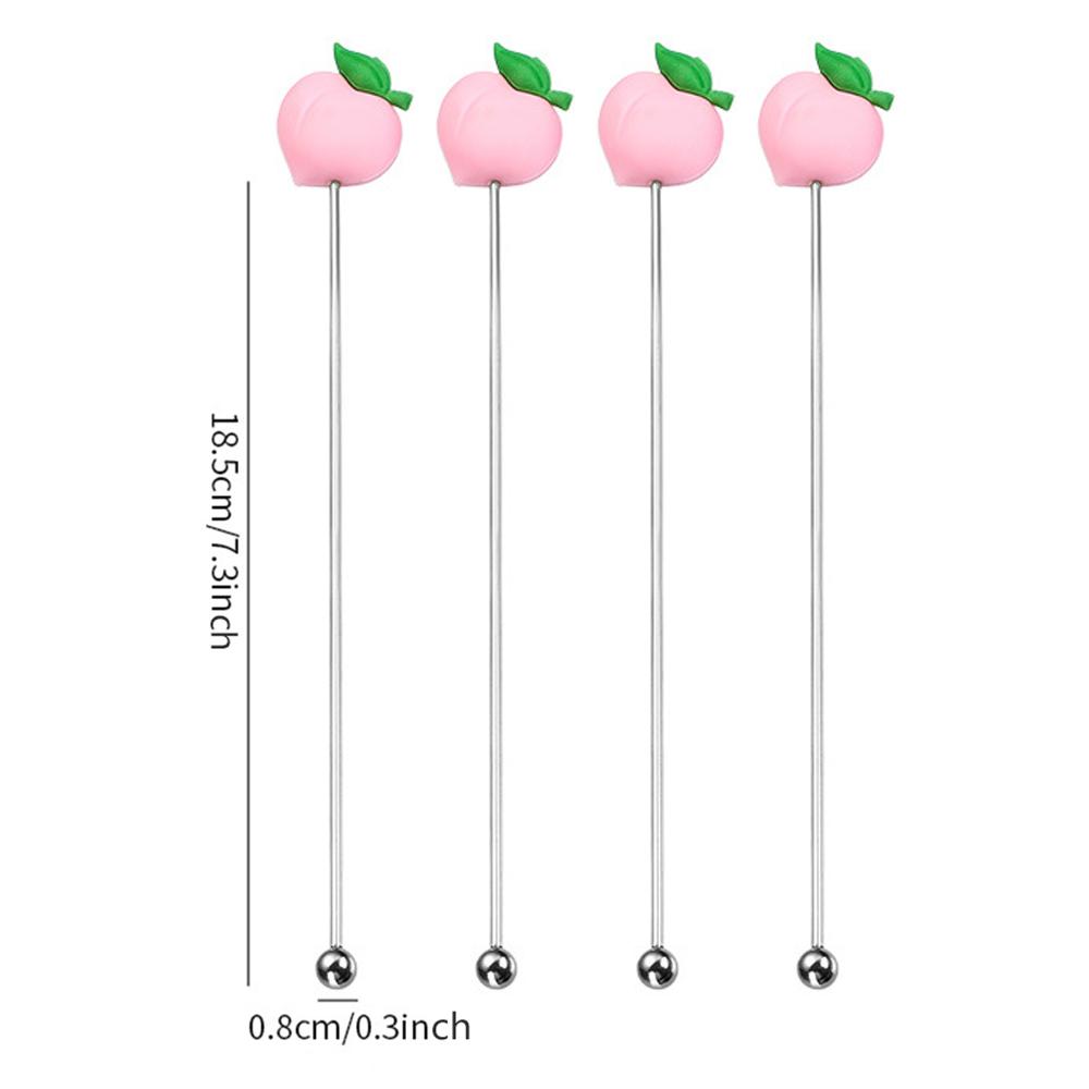 

4Pcs Silicone Fruits Head Stainless Steel Stirring Rod Long Handle Cocktail Drink Mixing Sticks Mixer Barware Muddler Bar Accessories peach срібний