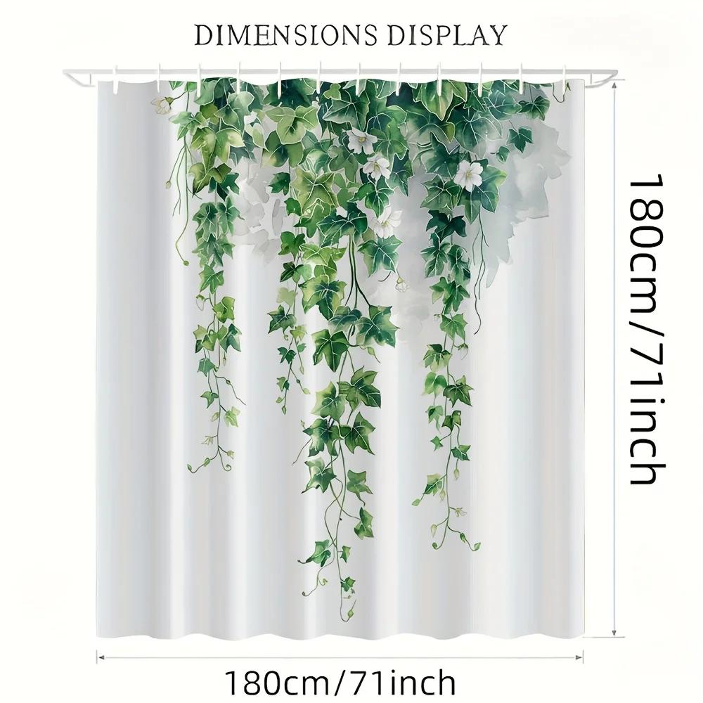 1 Elegant Ivy and White Floral Polyester Shower Curtain-Washable with Green Vine and Leaves Pattern, Machine Washable with Hooks