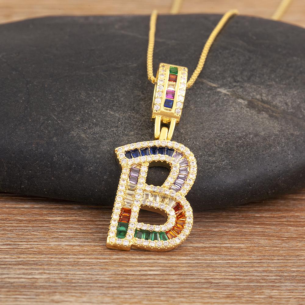 Nidin Simple Fashion 26 A-Z Letters Alphabet Rainbow Cubic Zirconia Pendant Necklace For Women Men Hip-Hop Style Copper Jewelry