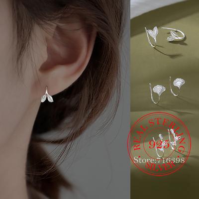 Original Solid Silver 925 Plant Leaf Stud Earrings for Women Girls Fashion Charm Piercing Jewelry Party Wedding Birthday Gift