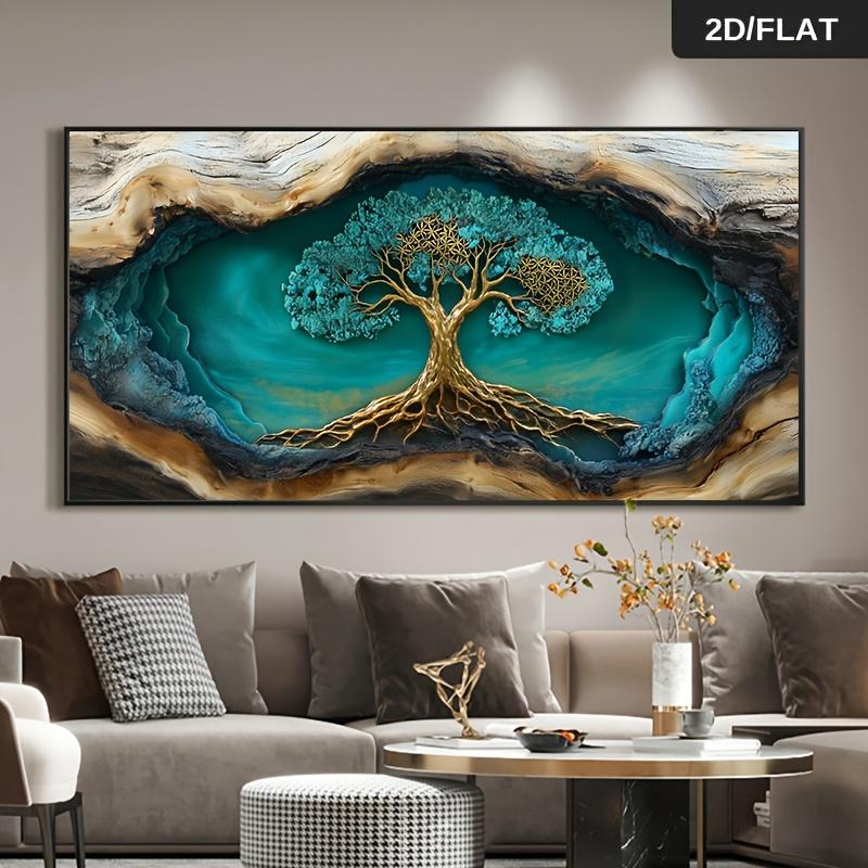 

One modern abstract Tree of Life oil painting wall art - a vibrant turquoise and gold nature-inspired painting, perfect for livi (as the picture,50x100cm No Frame)
