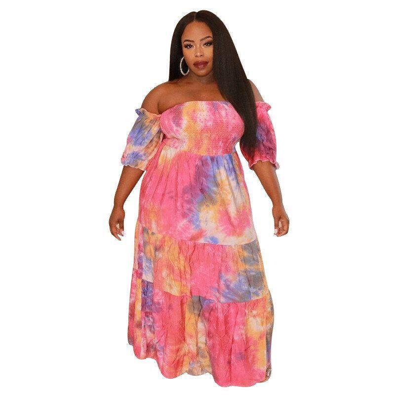 2021 New Amazon Tie-Dye Plus-Size Women s Dress Off-Shoulder Dress for Plus-Size Women Tie-dye L