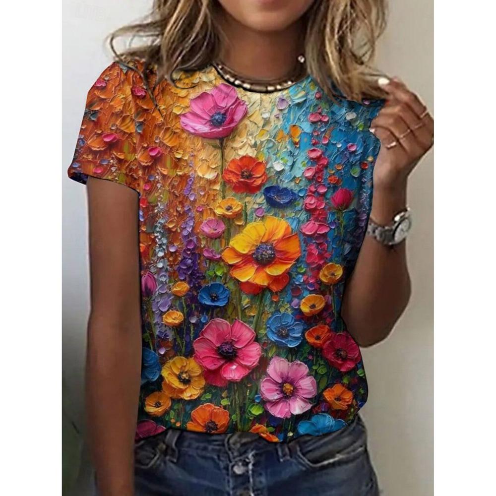 Women's T-shirts with beautiful flower 3D printing, short sleeved T-shirts, 3D printed tops, round neck shirts, women's casual summer clothing