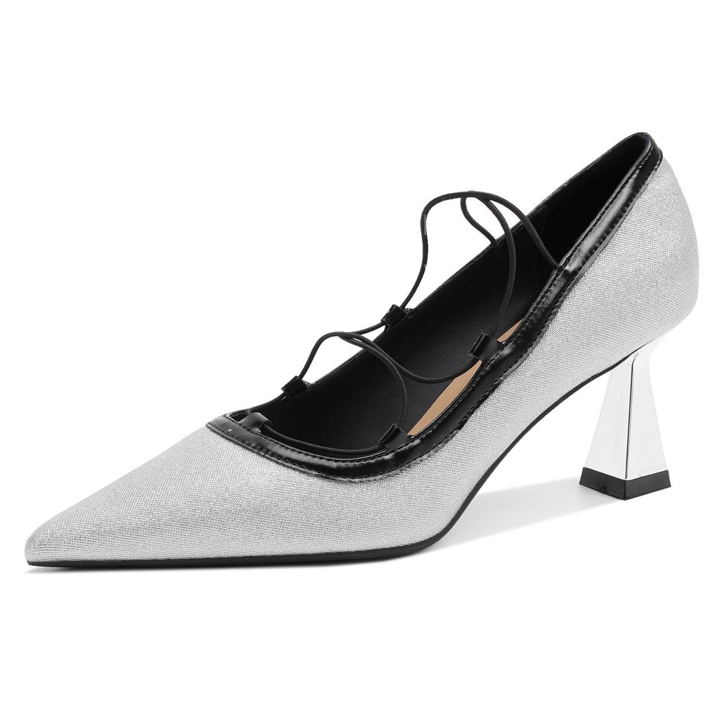 75339 [sheepskin] High Heels Women's Stilettos Summer 2025 New French Pointed Strap Splicing Single Shoes