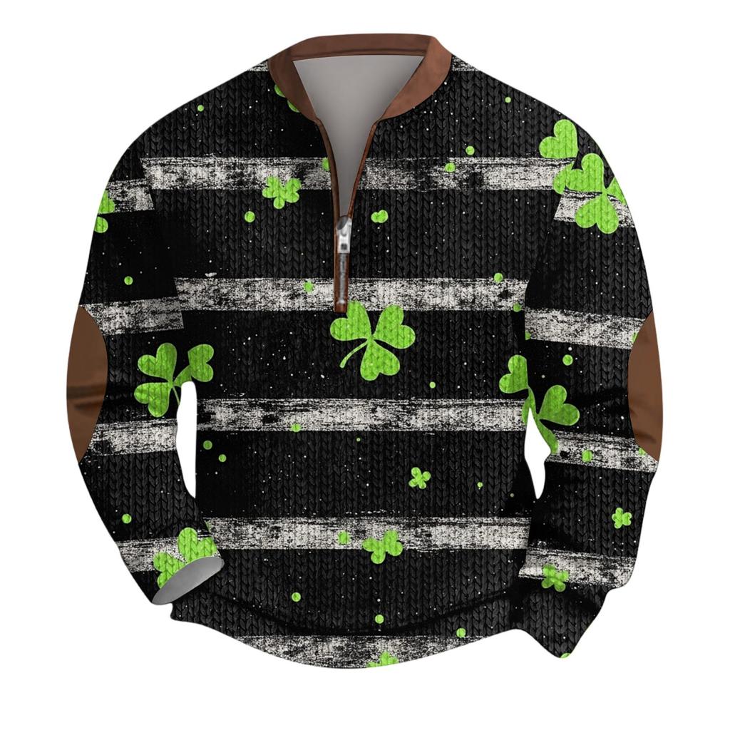 Mens Christmas Sweater Zip Up Sweatshirts Vintage Knit Graphic Sweatshirt St. Patrick's Day Stand Collar Pullover