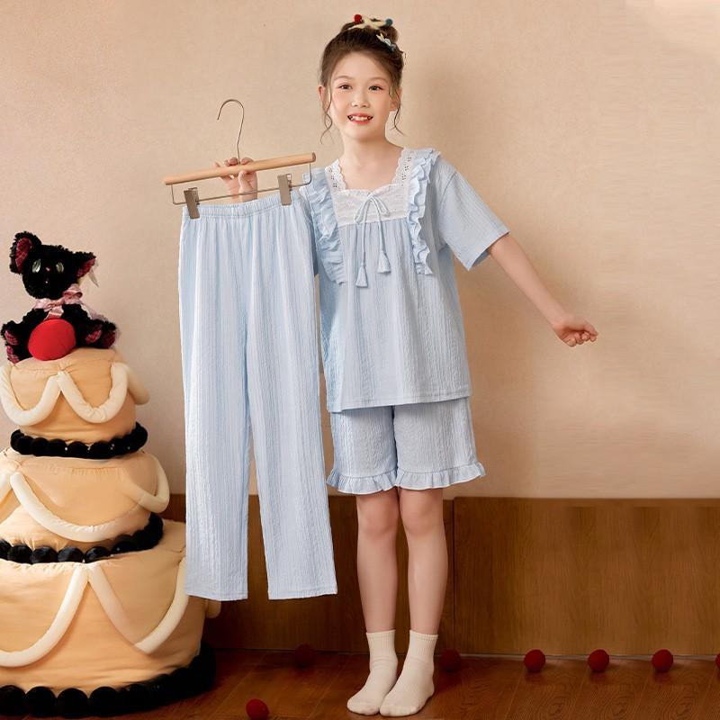 Girls Short Sleeve Pajama Set Soft Combed Cotton Sleepwear Cartoon Print Lightweight Home Outfit 8 Years