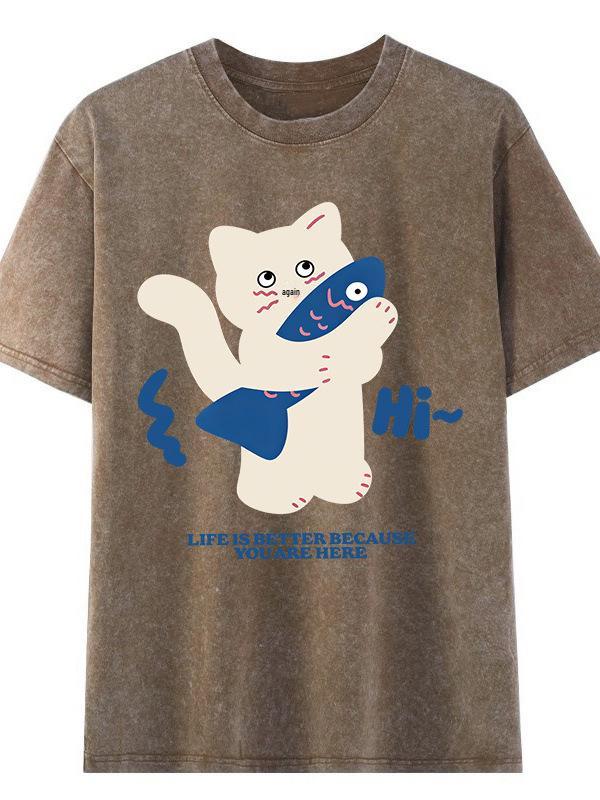 2026 Summer American Retro Men’s Washed Short Sleeve T-shirt - Trendy Loose Fit with Vintage Print