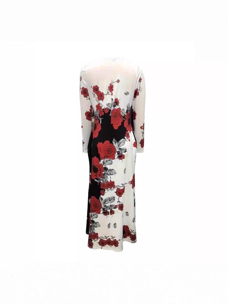 Elegant Plus Size Long Sleeve Printed Dress with Pockets and High Waist Hem