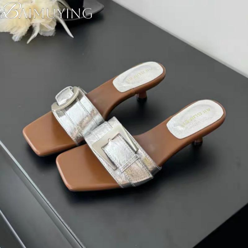 Fashion Leopard Buckle Slippers Loafers Shoes Woman Square Toe Women Heeled Sandals 2025 Trend Shallow Summer Flip Flops Casual Slides