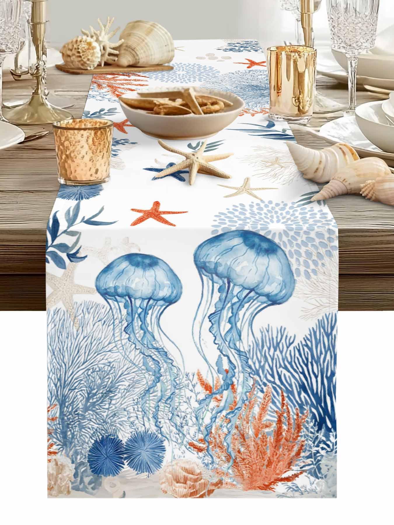 Zomer Blauwe Kwallen Koralen Zeesterren Linnen Tafelkleed Feestdecoratie Herbruikbaar Keuken Eettafelkleed Bruiloftsdecoraties 150x33cm