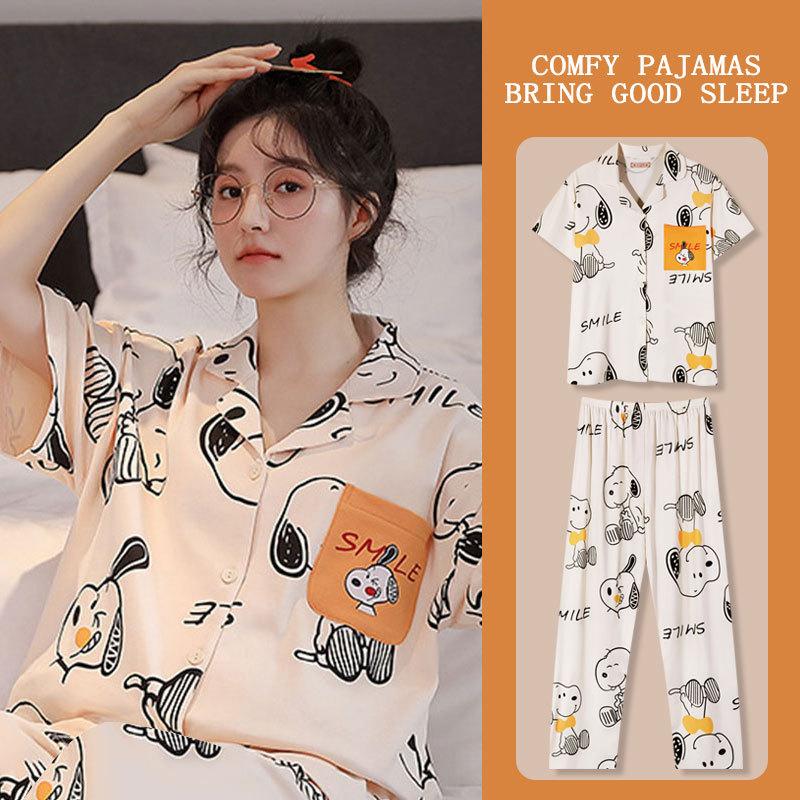 Japanese Cartoon Snoopy Pajamas Women's Spring Summer Cardigan Short-sleeved Trousers Cute Casual Student Loungewear Suit