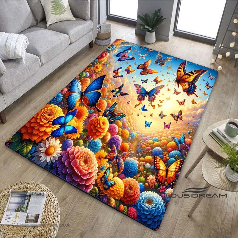 Customizable3D Luxury Dream Butterfly Flower Non-Slip Carpet for Home Living Room Bedroom Sofa Washable Kid Play Area Rug Decor