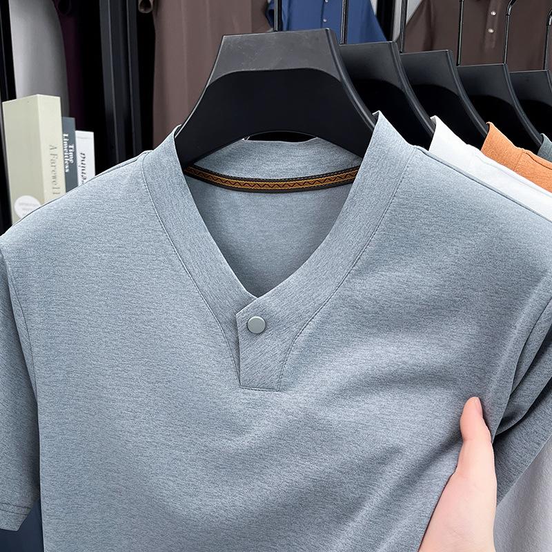 Spring and Summer Men's T-Shirt Premium Sense Short Sleeve V-Neck Casual Solid Color Top Bottom Shirt