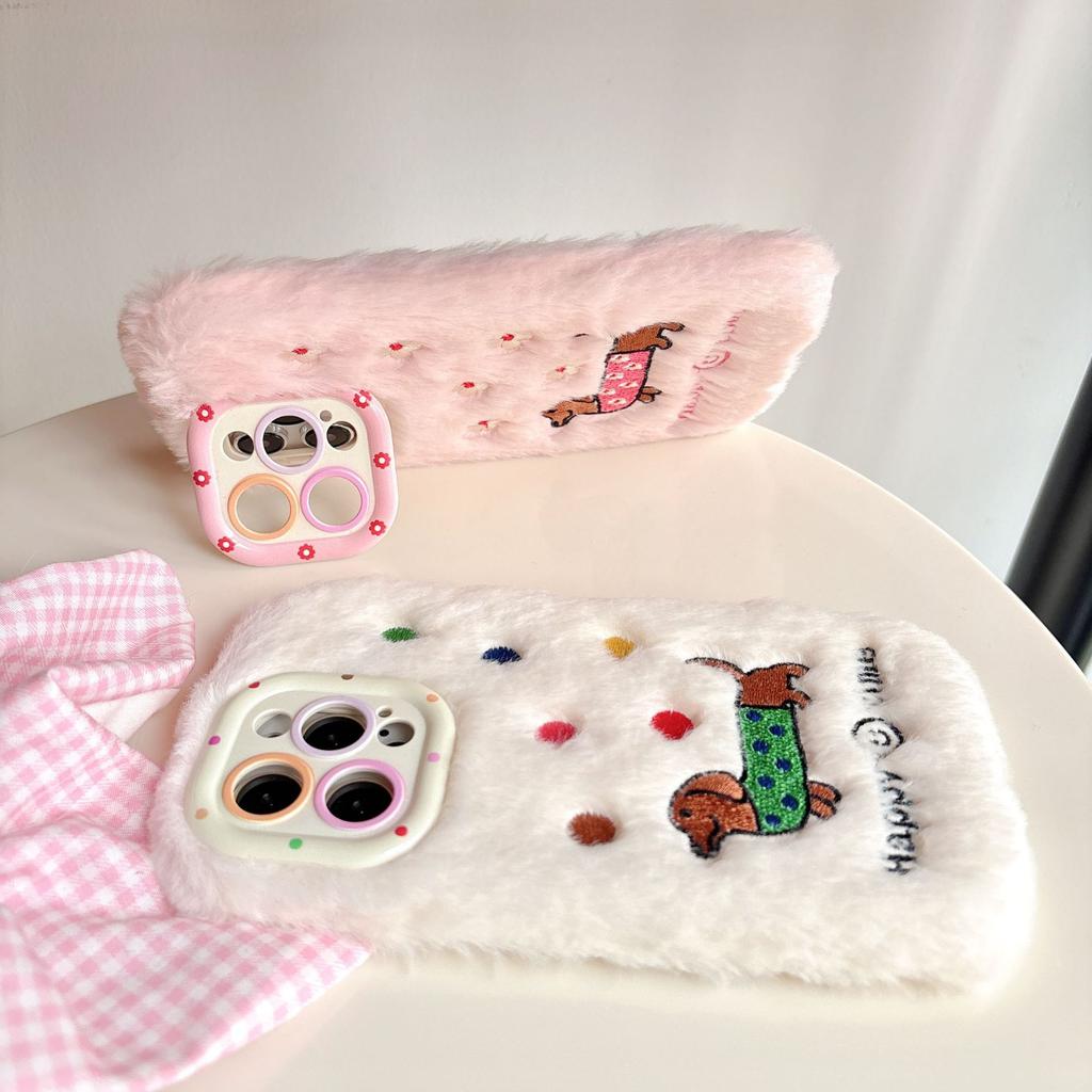 Autumn and Winter Plush Dachshund Mobile Phone Case for Apple 16PROMAX Trend 15 Fine Hole 13 Lens Holder 11