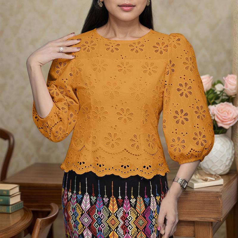 

ZANZEA Womens Summer Casual 3/4 Sleeve Hollow Patchwork Embroidery Crochet Blouse S жёлтый