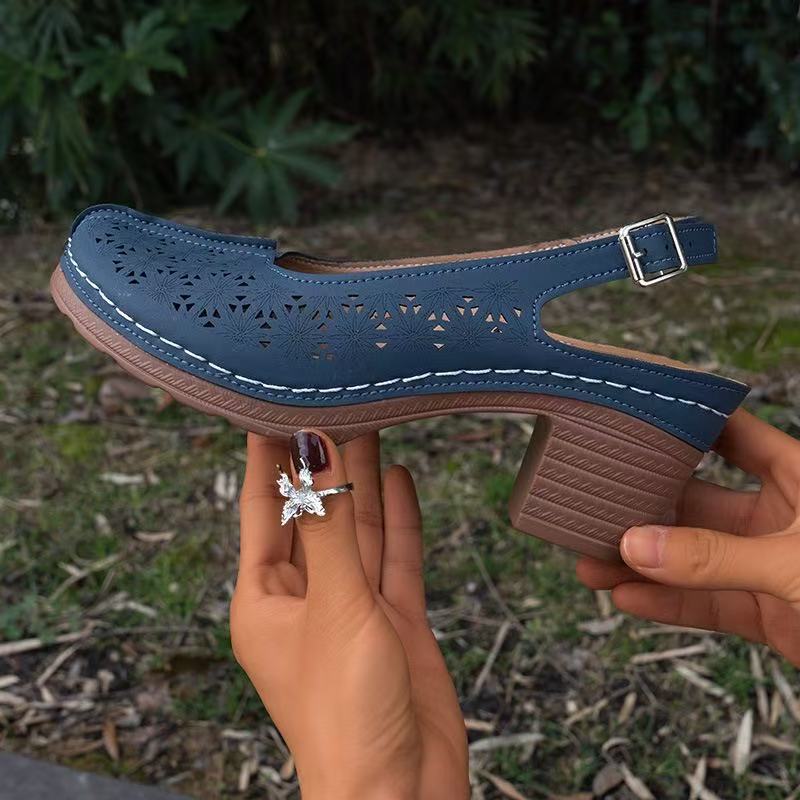 The New Style of Shoes Features Hollowed-out Toe Caps, Wedge Heels, Large-sized Women's Shoes, and Thick Heels