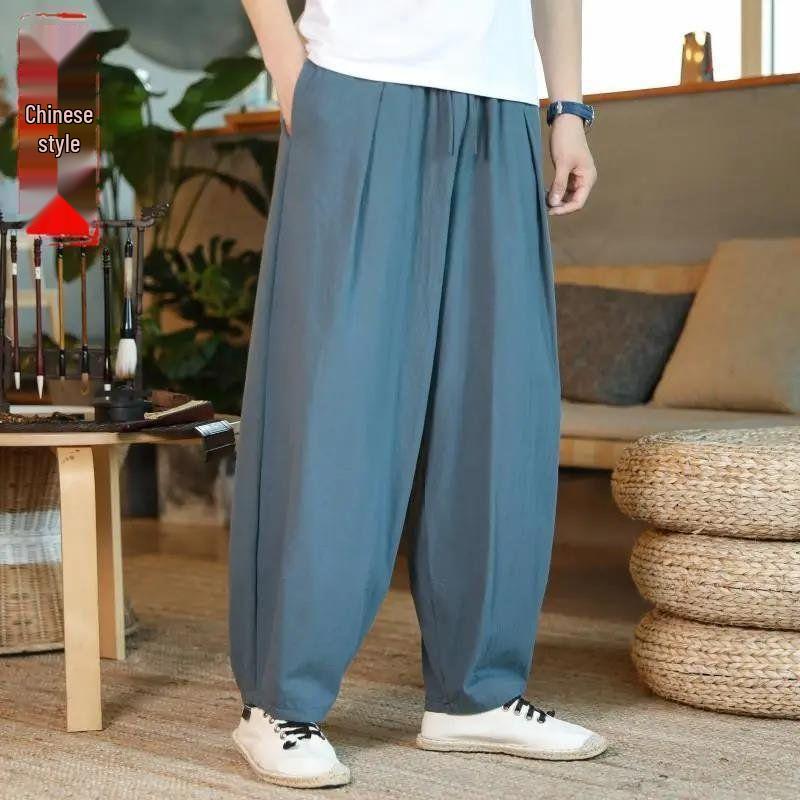 Men's Plus Size Cotton-Linen Wide-Leg Harem Pants for Spring and Summer