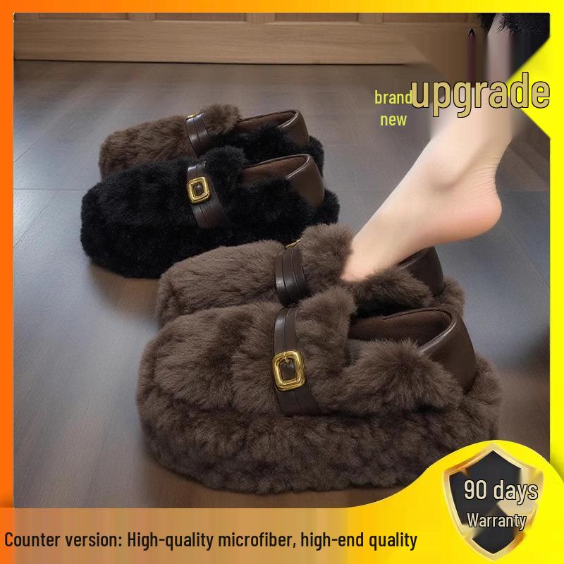 Lambswool Women's Fuzzy Winter Shoes 2025 - Fleece-lined, Thick Sole, Buckle, Warm Maternity Cotton Bean Shoes