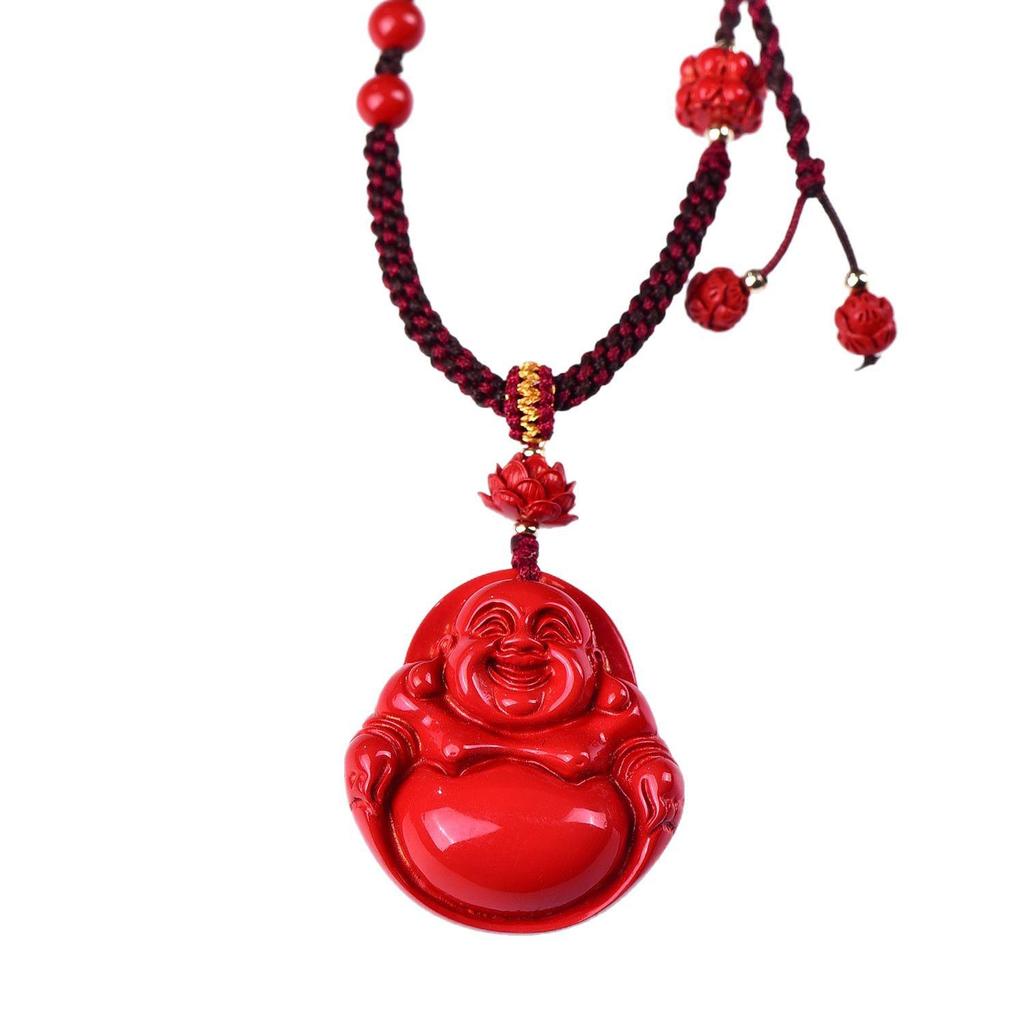 Cinnabar Maitreya Buddha Lotus Pendant Necklace - High-Grade Red Sand for Men & Women