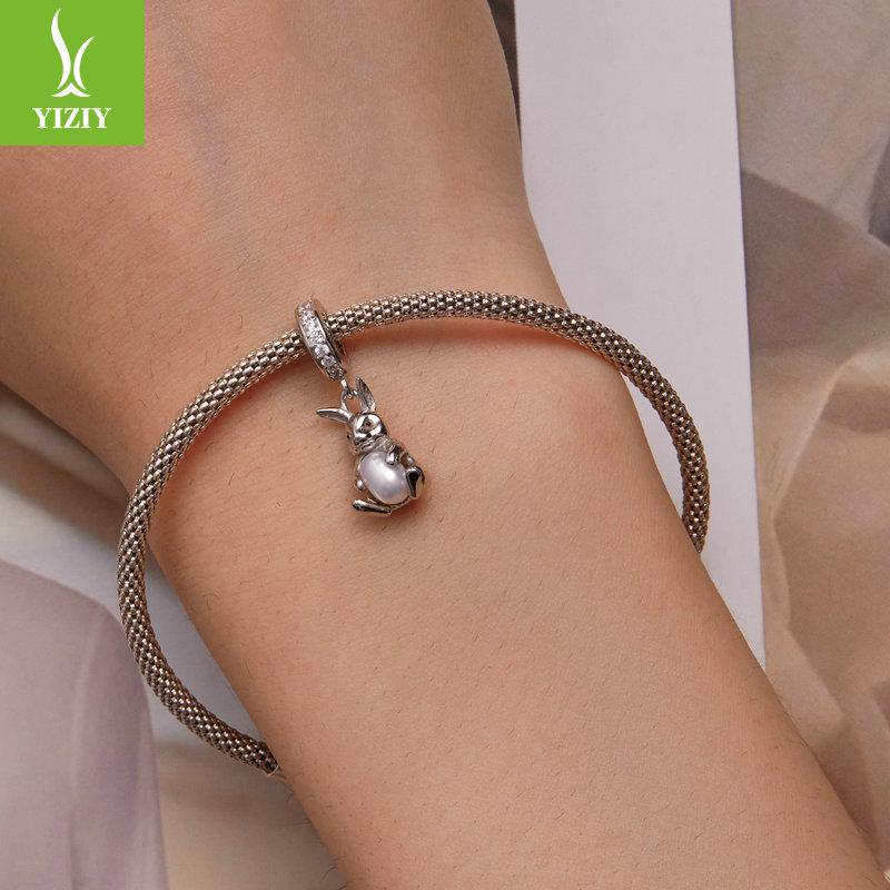 Pearl Rabbit S925 Silver Pendant, Cute Pearl Diy Bracelet Beaded Accessories