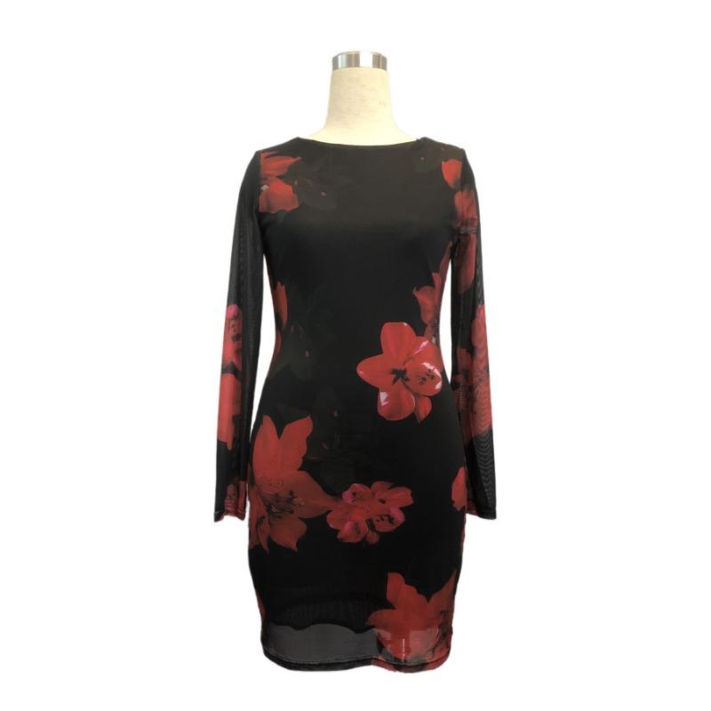 Damska wiosenno-letnia sukienka z gazy z kwiatowym nadrukiem, z okrągłym dekoltem, dopasowana, z długim rękawem